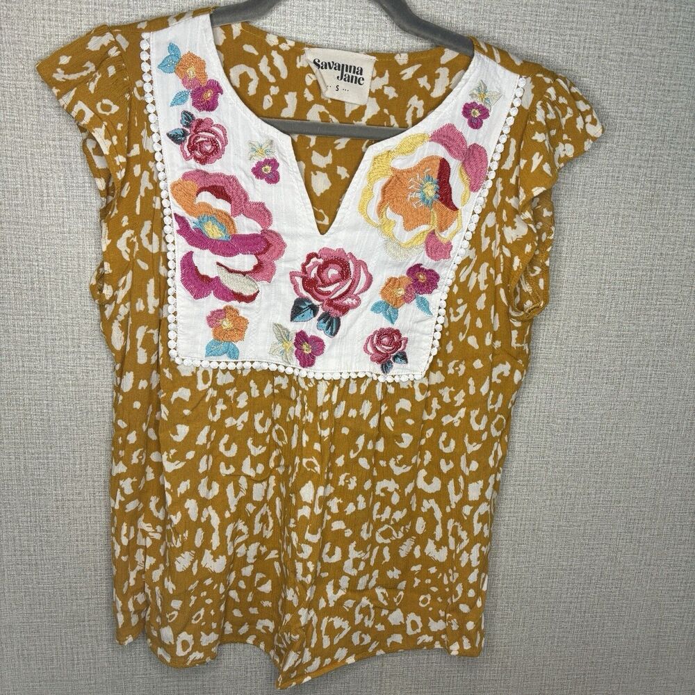 Savanna Jane Yellow Cheetah Print Embroidered  Flowy Top Women's Size Small Boho